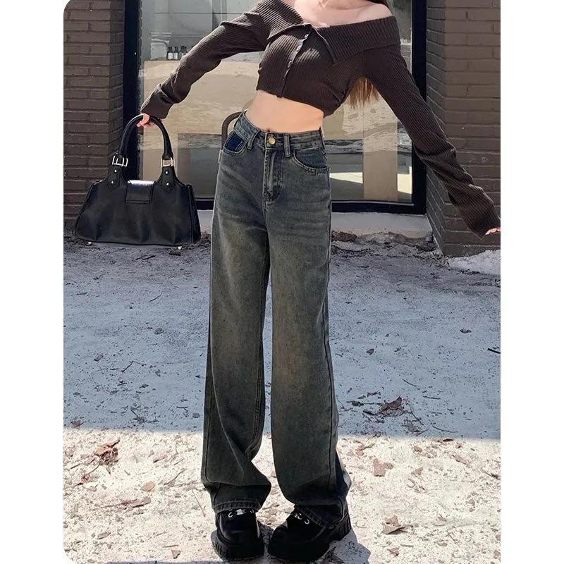 

Осень 2025 Джинсы цементного цвета с высокой посадкой и прямыми штанинами для женщин - Новые свободные брюки кэжуал с широкими штанинами, колор-блоком и эффектом похудения M