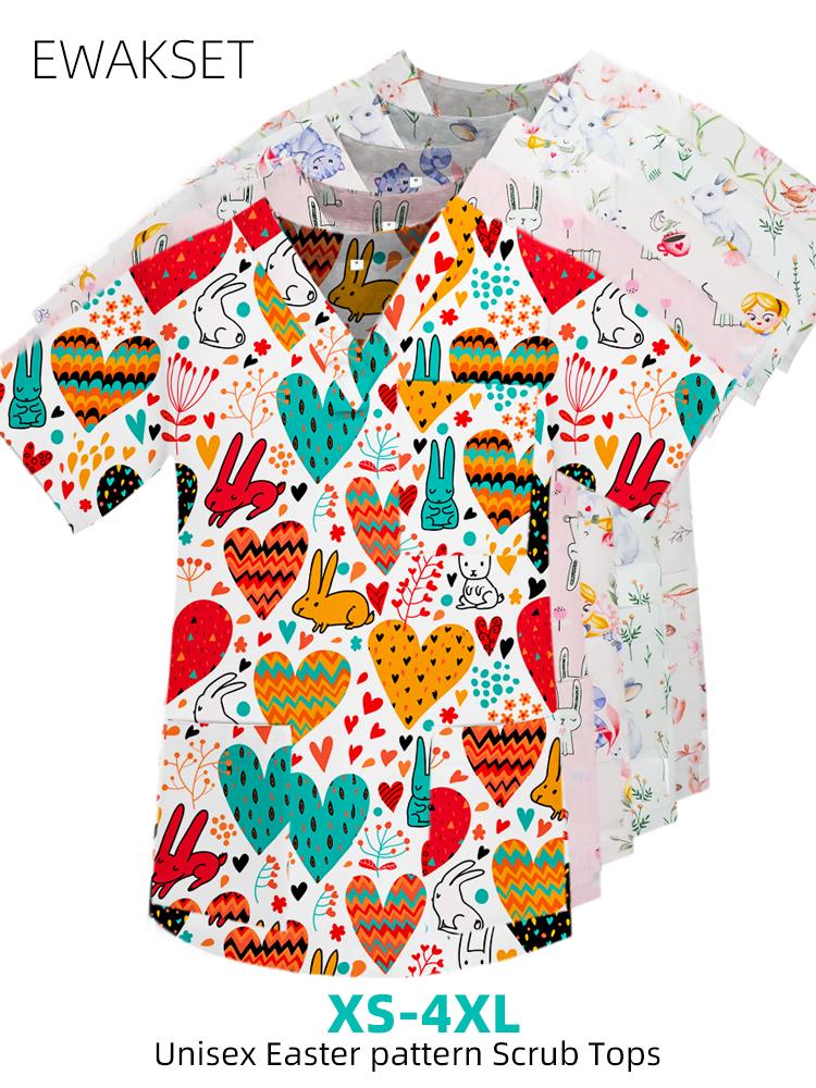 Easter Rabbits Pattern Scrub Uniform 100% Cotton Nurse Doctor Medical Blouse V Neck Short Sleeve Tshirts Woman Man Surgical Tops