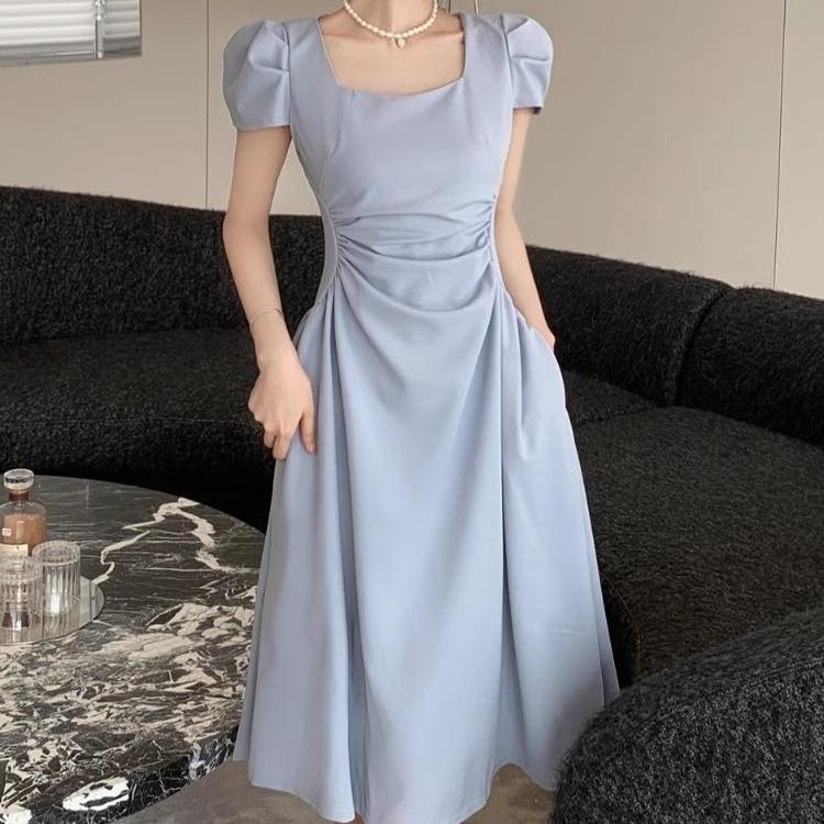 Elegant Korean-Style Pleated Summer Midi Dress with Square Neck and Waist-Cinched A-Line Skirt