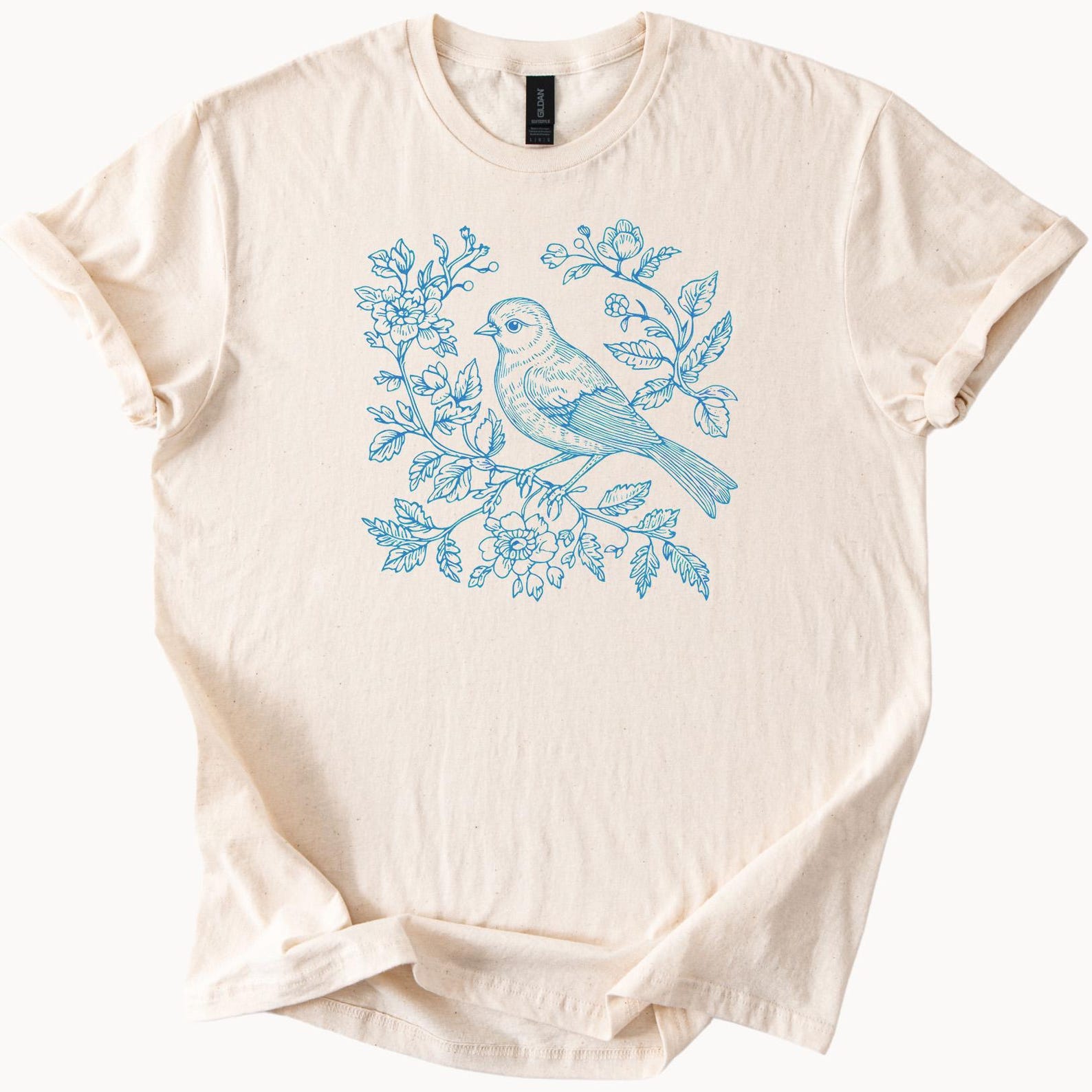 Blue Bird Floral Tee Scandinavian Folk Art Watercolor Graphic T Shirt 160