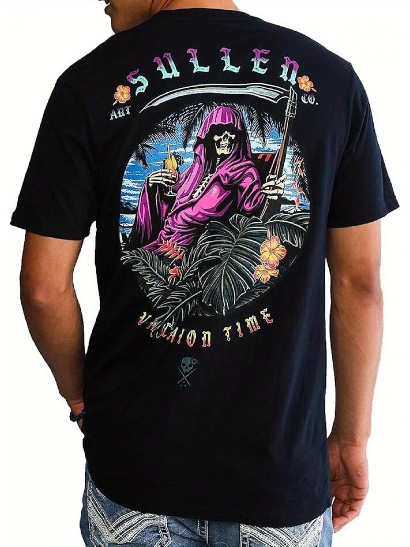 

Sullen Vacation Men s Graphic T-Shirt Grim Reaper Tropical Tattoo Artist Design with Palm Trees Sunset Bohemian Style 4XL