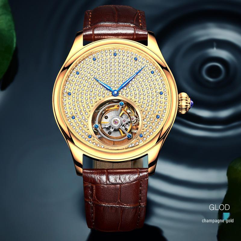Men's Swiss Movement Waterproof Mechanical Watch with Diamond-Set Skeleton Design and Leather Strap