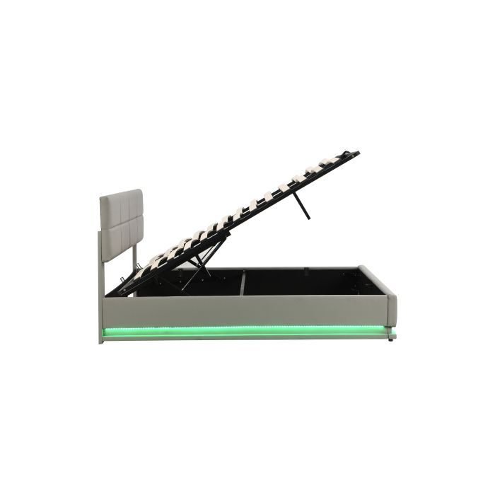 Bett - MUVOE - 180x200 cm - LED-Beleuchtung - Hydraulischer Stauraum - Helles Kunstleder