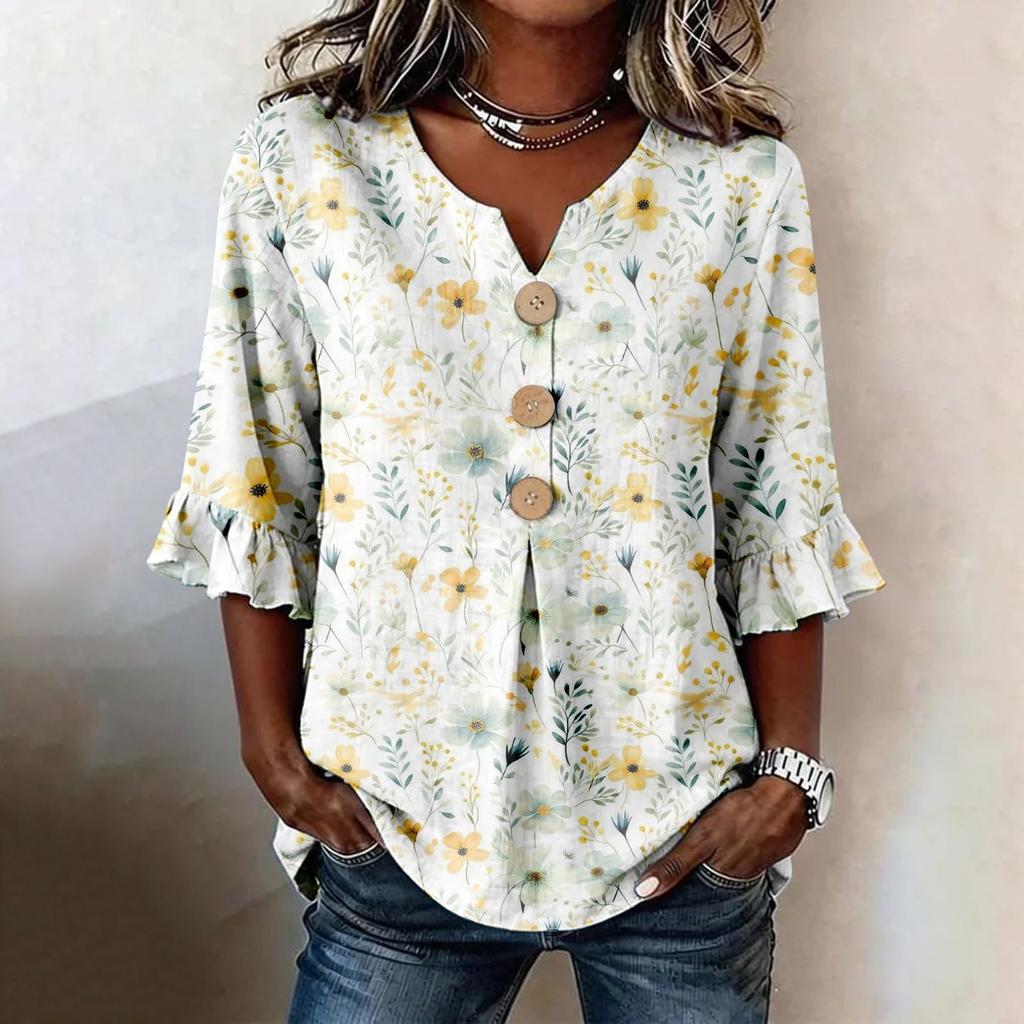 Women V Neck Floral Print Button Front Loose Fit Blouse Ruffle Sleeve Casual Top for Everyday Wear