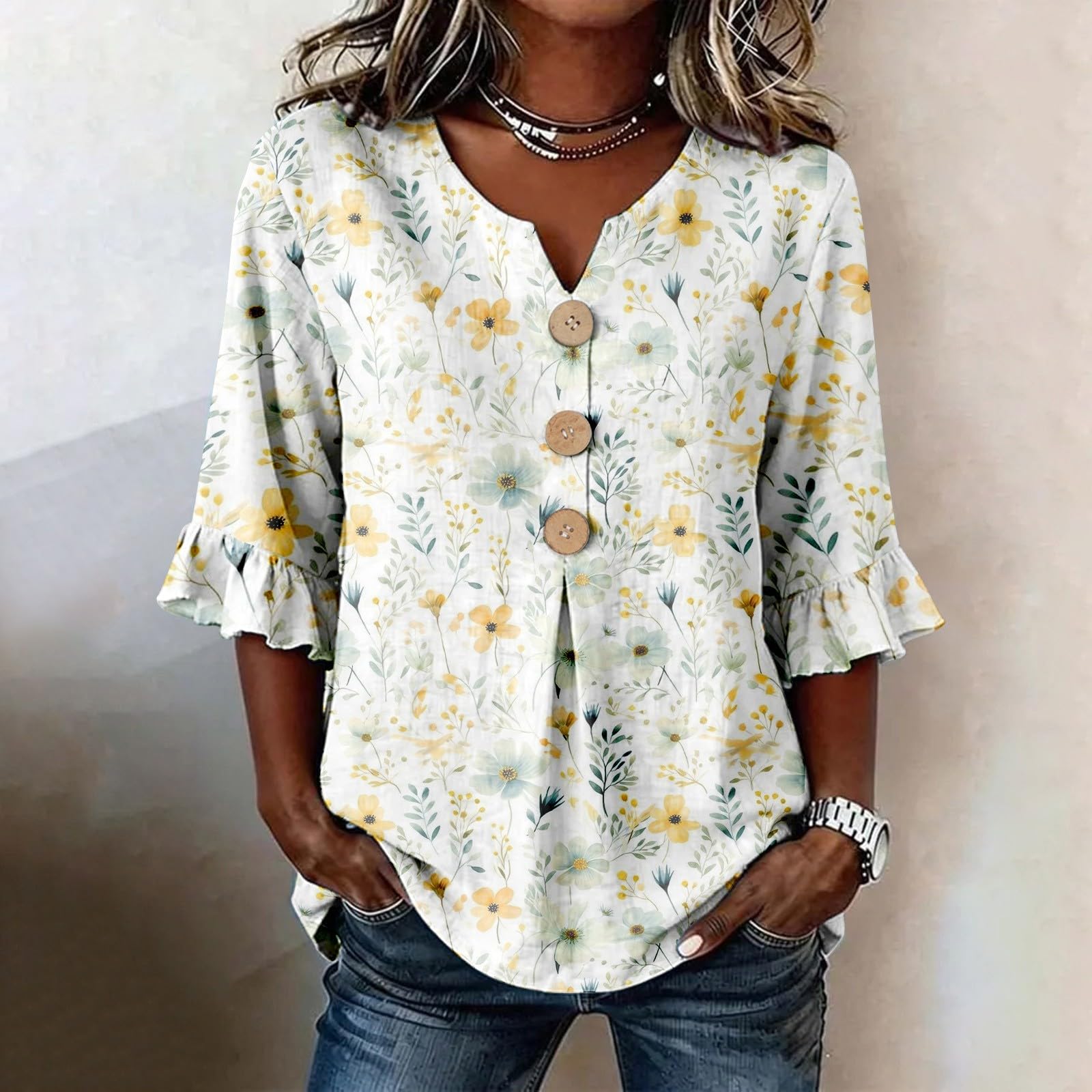 

Женская свободная блузка с V-образным вырезом, цветочным принтом, на пуговицах, с рукавами-воланами, повседневный топ для ежедневного ношения XXL бежевый