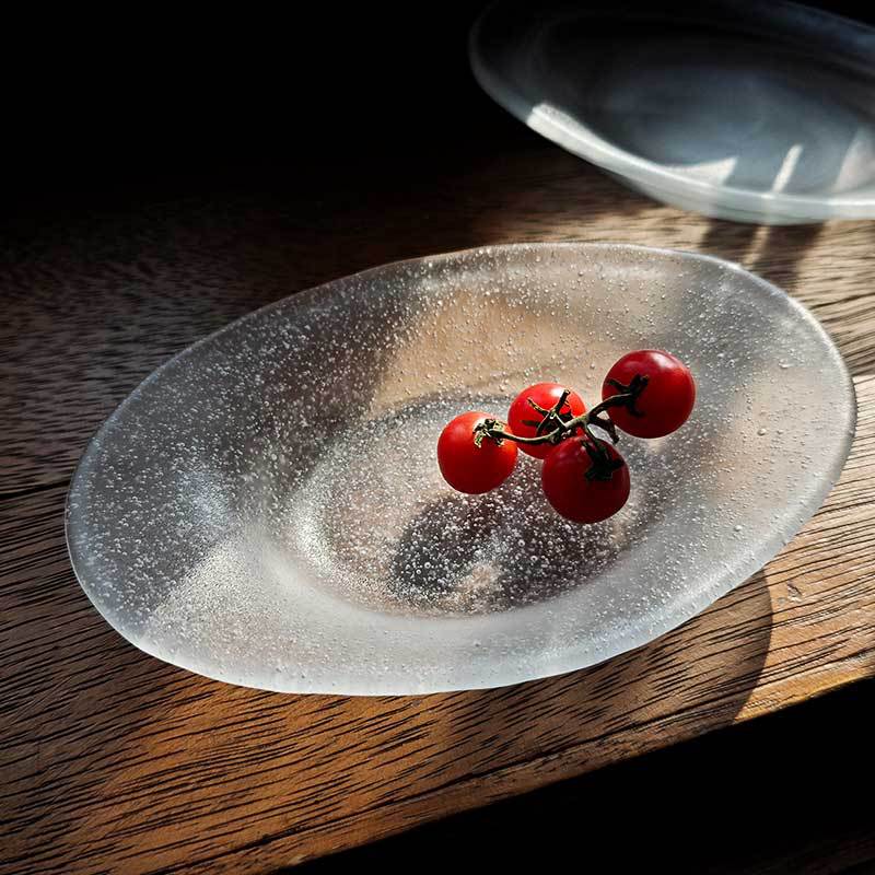 Japanese Style Oval Bubble Glass Plate, Sushi Dessert Fruit Salad Dish, Jewelry & Trinket Storage Tray for Desktop Decoration