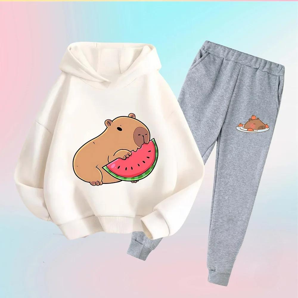 Autumn Winter New Capybara Cartoon Print Outfit Kids Hoodie Set Boys Girls 3-17 Casual Fashion Children's Set Trousers Pant Suit