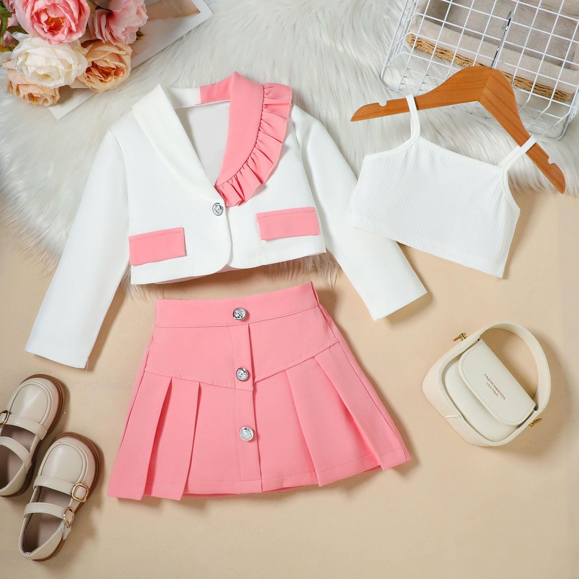 Children s Fashion Set for Fall: Girls Jacket + Tank Top + Pleated Skirt 3-Piece Set 100cm