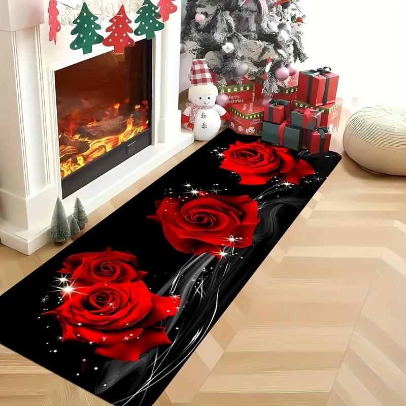 Modern Rose Flower Print Kitchen Mat, Colorful Non-Slip Indoor Carpet, Decorative Area Rug for Bathroom Bedroom Living Room