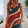 Women Plus Size Sleeveless V Neck Tank Top Paint Splash Star Patriotic Red White Blue Print Casual Top