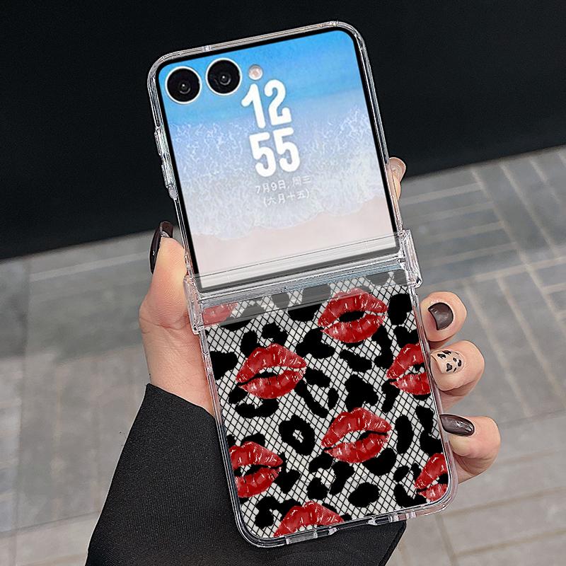 Bowknots Leopard Print Case For Samsung Z Flip 8 7 FE 6 5 Magnetic Clear Hard PC Folding Phone Cover For Galaxy Z Flip8 Flip7 Flip6
