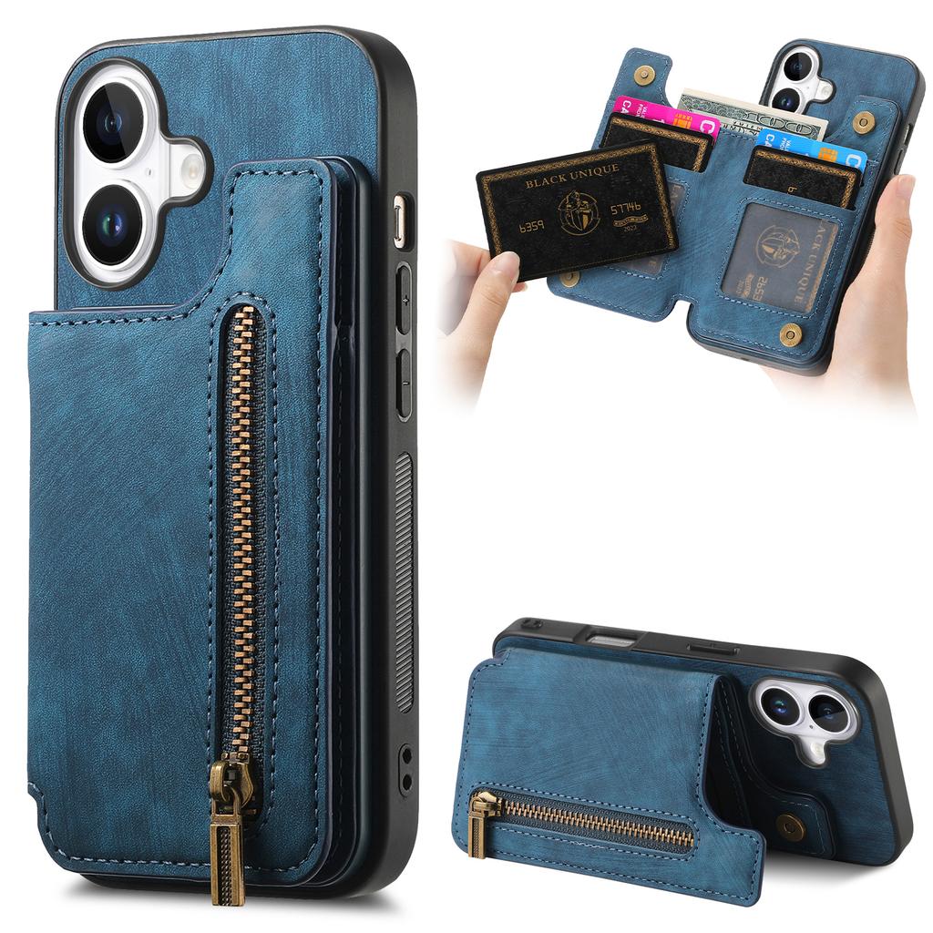 For iPhone 16 Pro Case with Card Holder Retro Leather+TPU Zipper Phone Cover