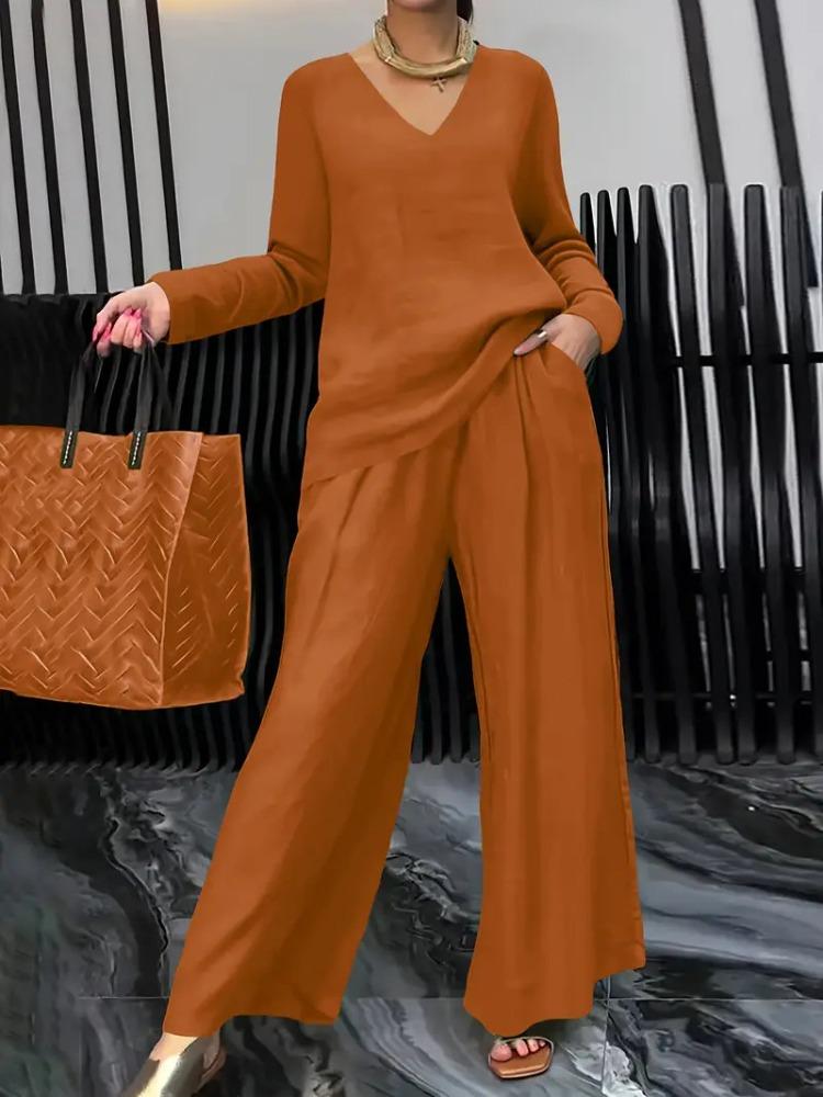 Damen Royalblau V-Ausschnitt Langarm Top und Weite Hosen Set