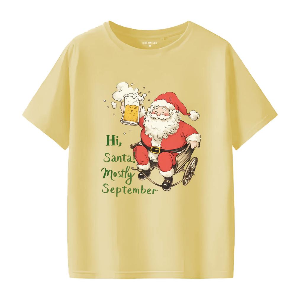 Merry Christmas  Santa Claus Cheers Beer Fun Printed Pattern Tshirt Short Sleeve Round Neck Versatile Womens Tshirt