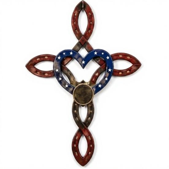DYS Metal Horseshoe Heart Wall Cross Decor, Hanging Art, Decorative Cross, Rustic Spiritual Art Sculpture for Farmhouse Garden Yard Patio Fence