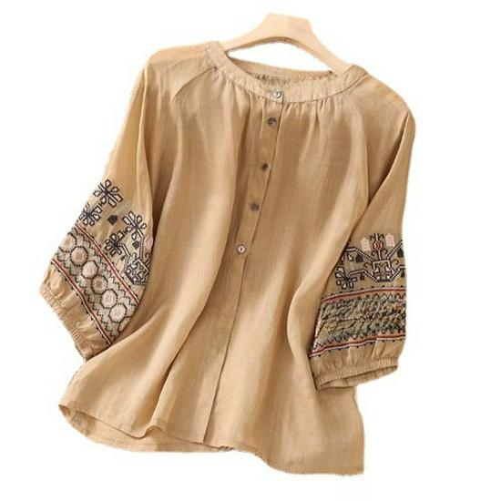 Women's Retro Embroidered Cotton-Linen Lantern Sleeve Shirt (Spring/Summer 2024)