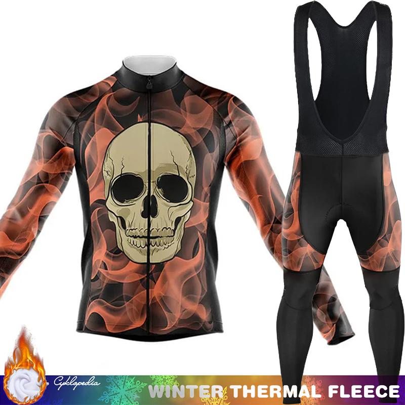 Men's Cycling Pants Fleece Jersey Skull Sets Long Sleeve Thermal Shirt Mens Clothes Clothing Winter Man Outfit Suit Termal Retro
