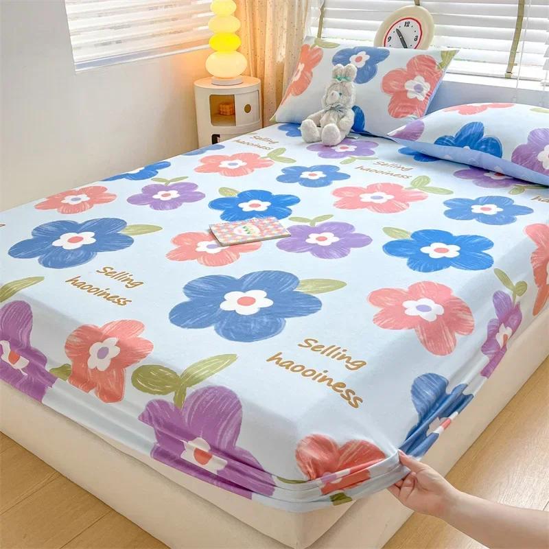 Kawaii Bear and Rabbits Printed Fitted Sheet Set Pure Cotton Cartoon Animals Mattress Cover for Kids Boys Girls Bedroom Decor