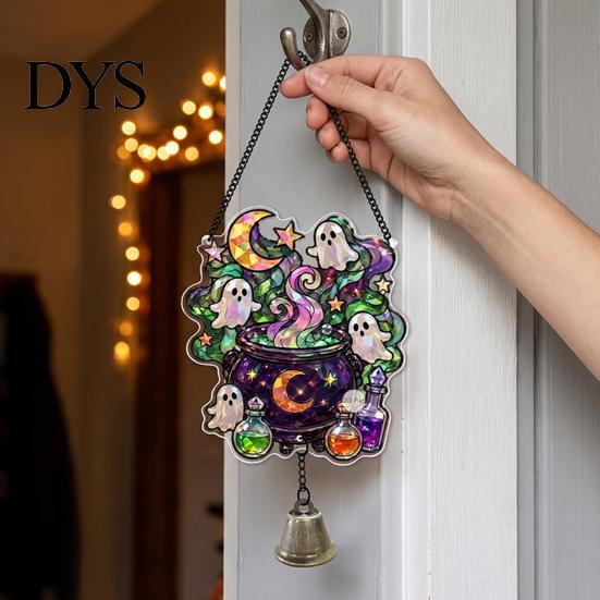 Festive Door Hangers Halloween Acrylic Pumpkin Hanging Decoration, Cartoon Ghost Ornament with Decorative Pendant Bell, Suncatcher Decor for