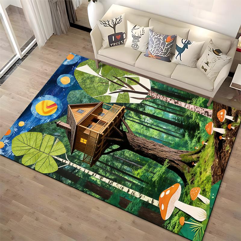 Baumhaus Wald-Thema Teppich mit Pilzen und hellem Nachthimmel Geeignet zur Verwendung als Anti-Rutsch für Wohnzimmer Schlafzimmer Sofas