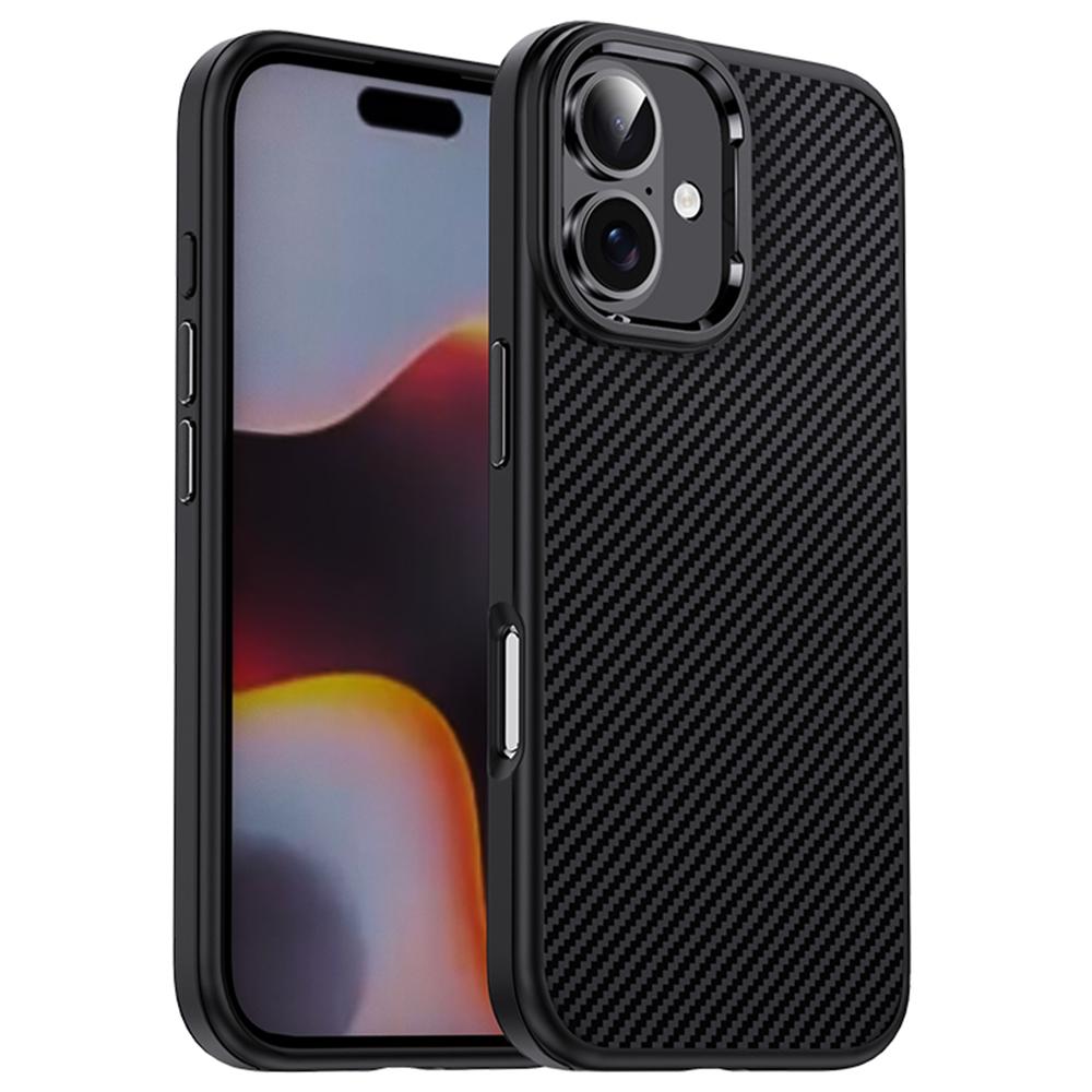 IPAKY For iPhone 16 Plus TPU Case Carbon Fiber Texture Phone Cover Metal Lens Frame A