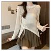 Hollow Out Knitted Women's Thin Cover Shirt Irregular Drawstring Medium Long Outer Sunscreen Top for Women