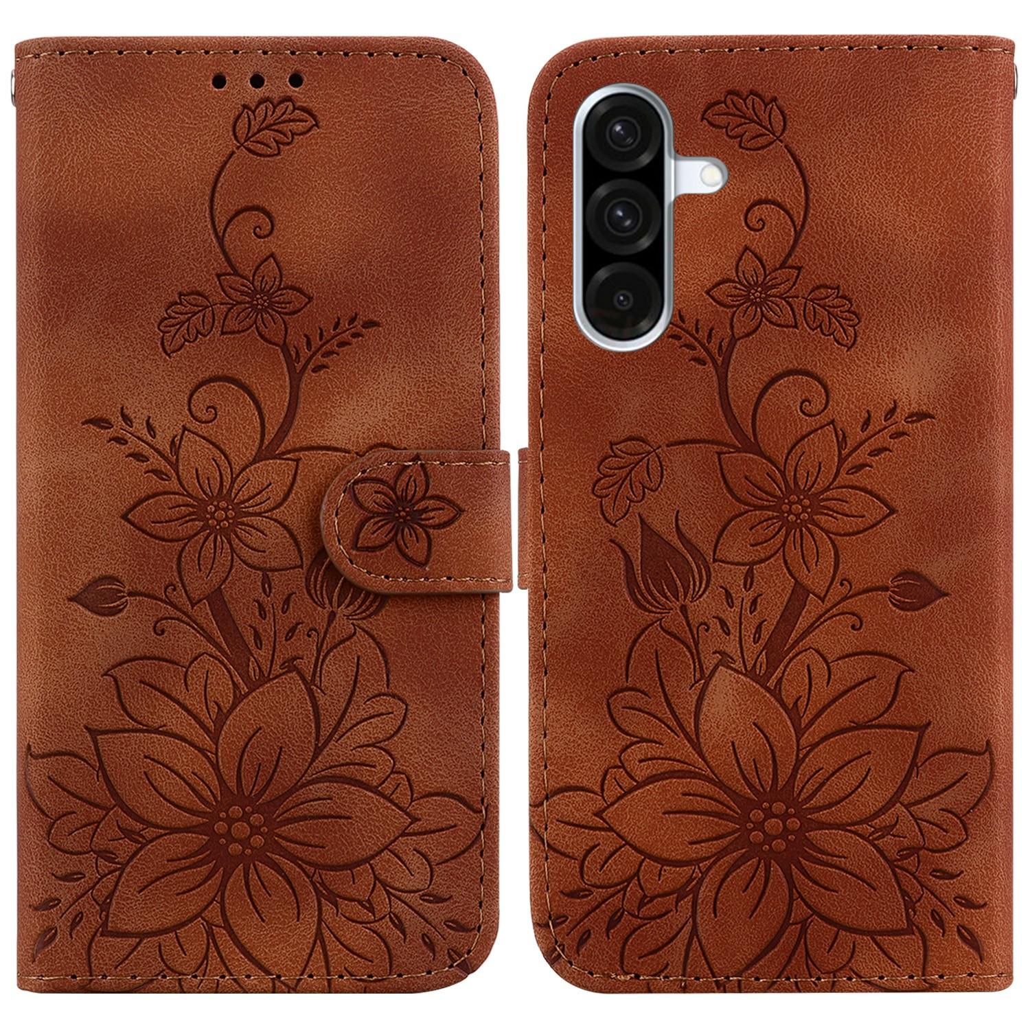 

For Samsung Galaxy A56 5G/A36 5G Case Lily Flower Imprint Leather Phone Cover with Stand Brown