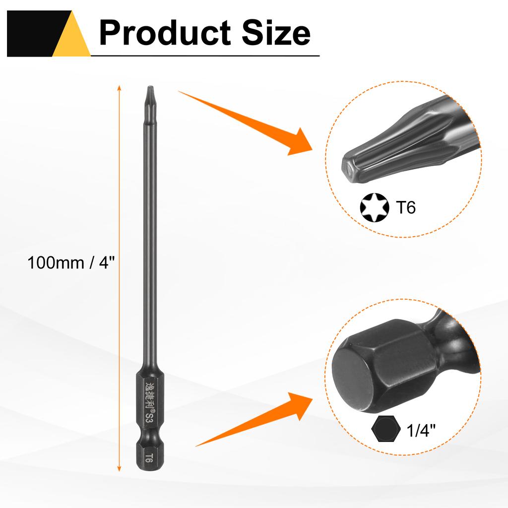 6pcs T6-T40 Torx Screwdriver Bit 1/4" Hex Shank 75mm/100mm S3 Steel Magnetic Tamper Proof Star 6 Point Head Hex Screw Driver Bit