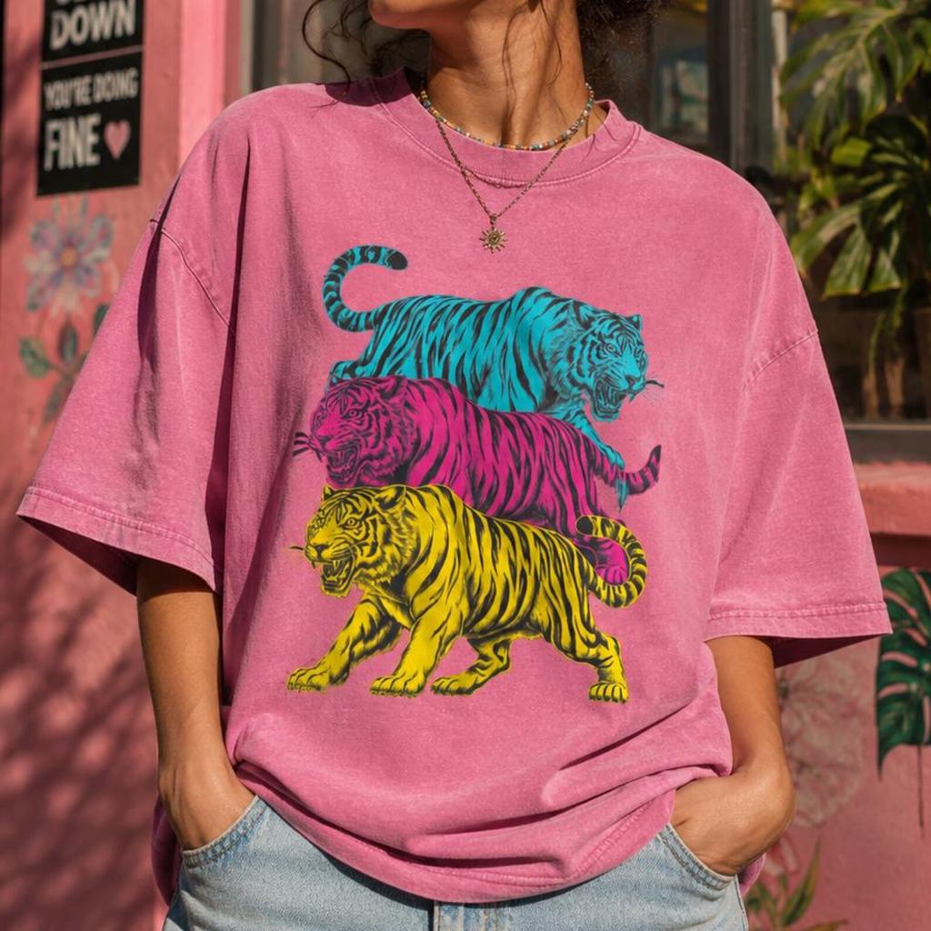 Colorful Tiger Graphic Tee, Vintage Washed Cotton Shirt and kids tshirt, Retro Animal Top