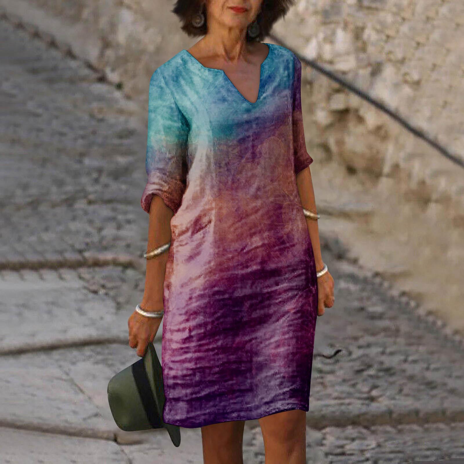 Летнее женское повседневное платье с v-образным вырезом и принтом до половины рукава — фото 8