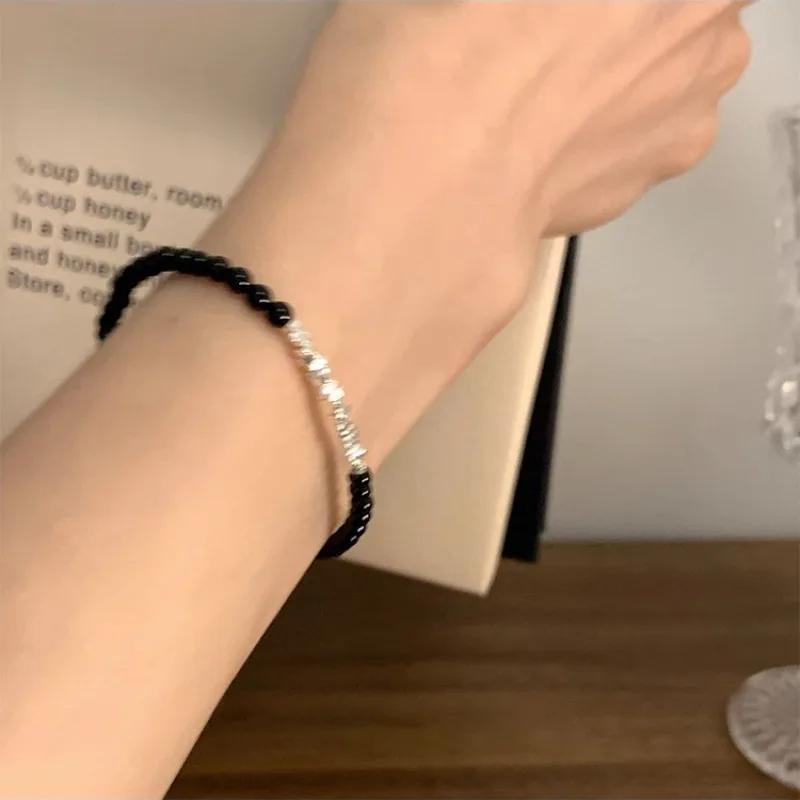 Sliver-Plated Black Agate Bracelet For Women Girl Bead Korean Versatile Design Simple Jewelry Gift