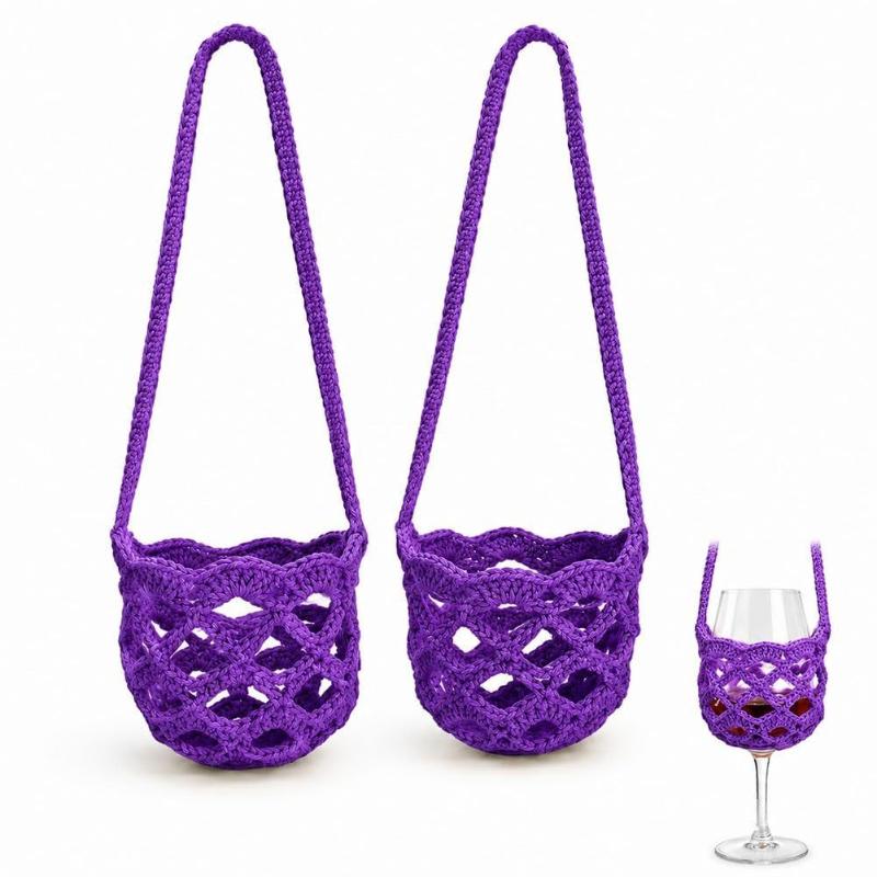 Portable Knitted Crochet Wine Glass Crossbody Holder Hollow Stylish Sleeve for Patio Gathering Cocktail Party 1Pcs