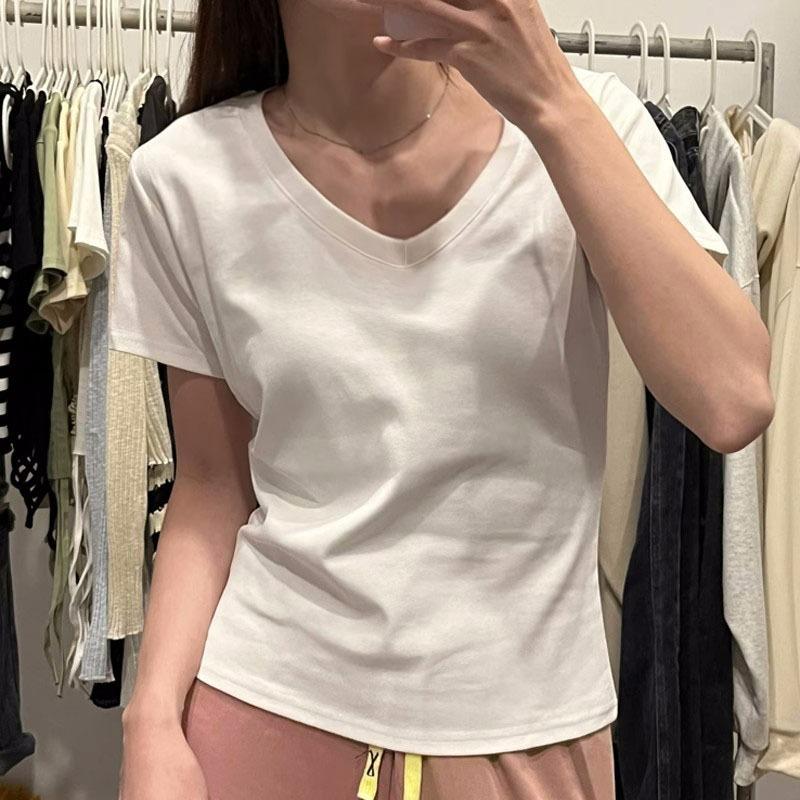 Solid Color Basic Versatile V-neck Right Shoulder Slim T-shirt for Women Summer High-end Slim Clavicle Short-sleeved Top for Small People