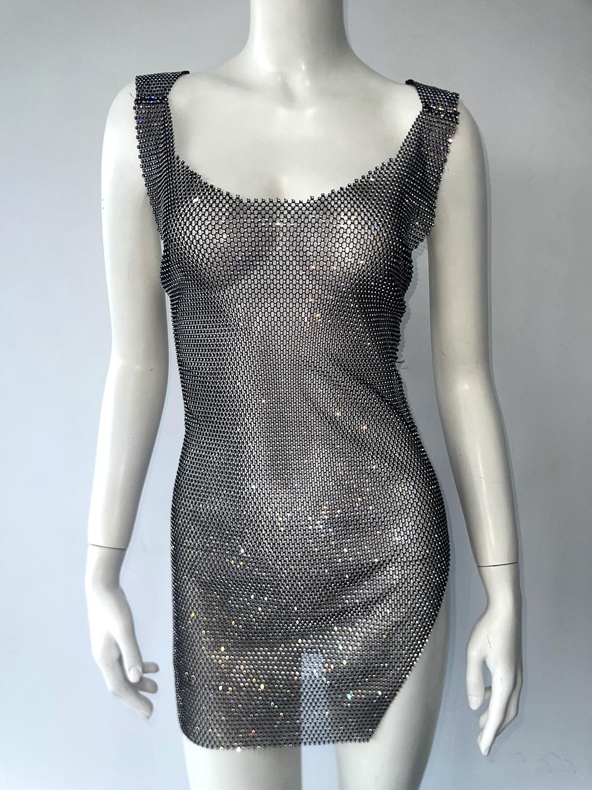 

High-End Rhinestone Bow Mesh Skirt Dress for Nightclubs Large чёрный