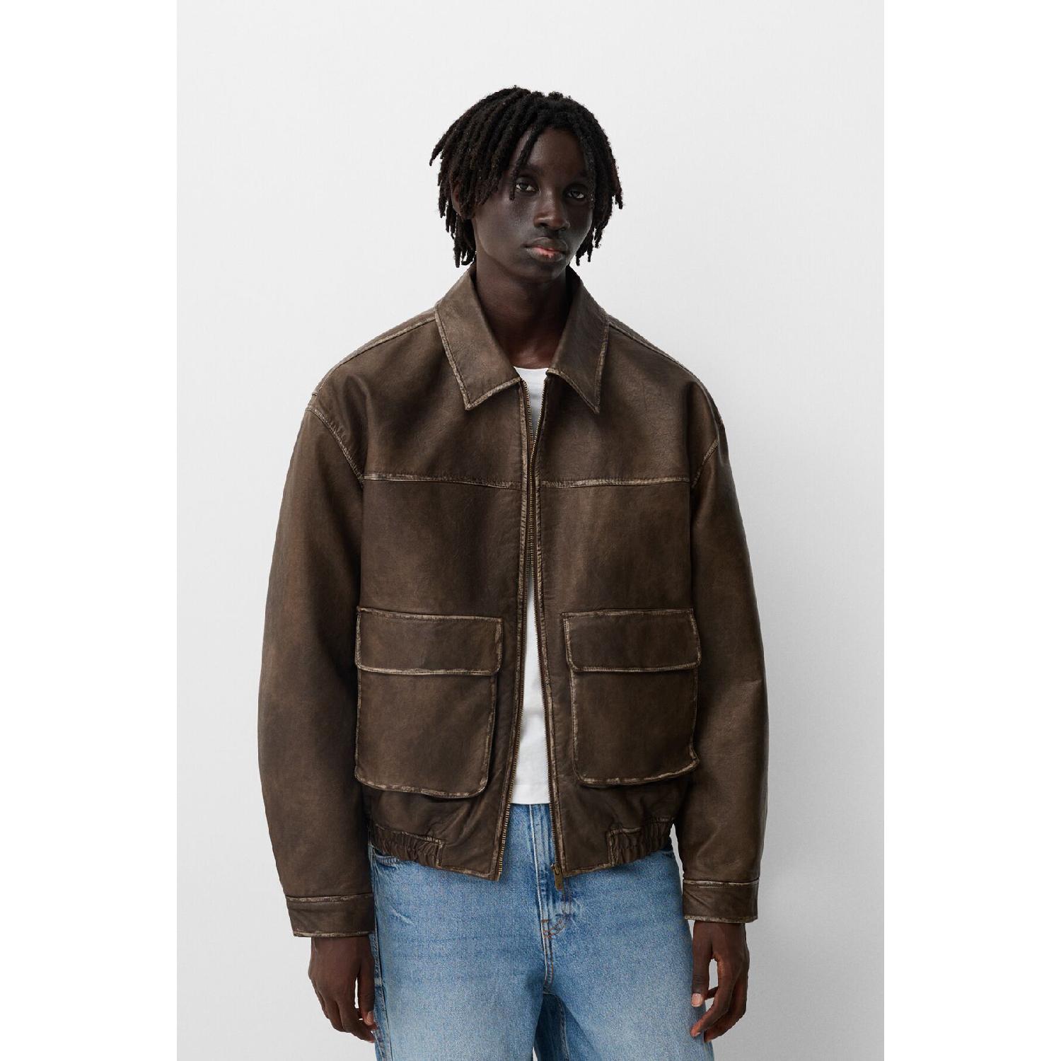 

Faded Effect Faux Leather Jacket XS коричневый