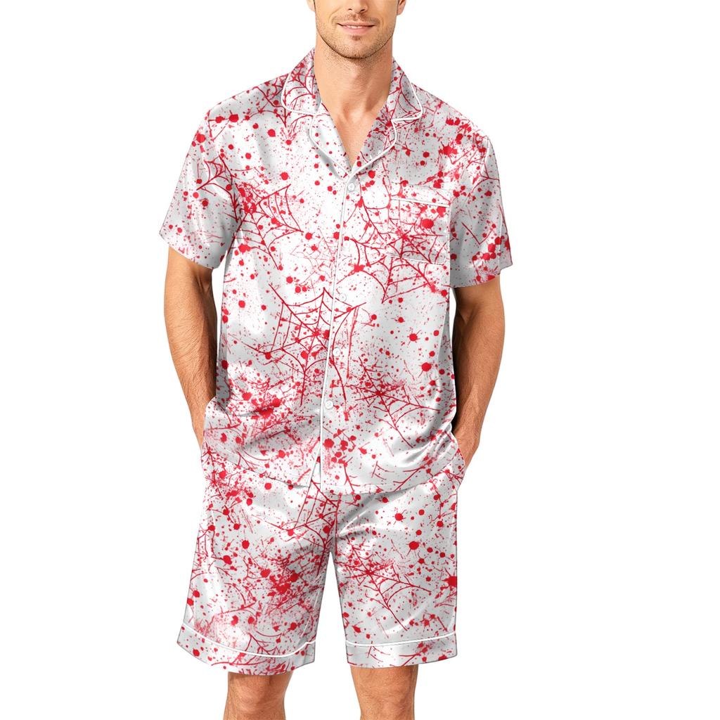 Men's Short Sleeve Pajama Set Button Down Shirt with Curved Hem and Matching Shorts Soft Casual Sleepwear Available In Sizes S To XXXXL