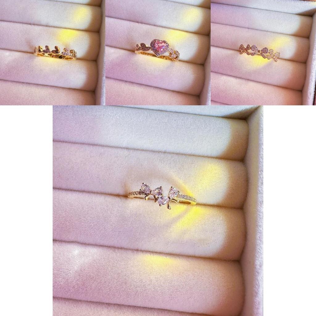 Pink Exquisite Geometric Diamond Heart Pearl Ring For Women Stylish Adjustable Open