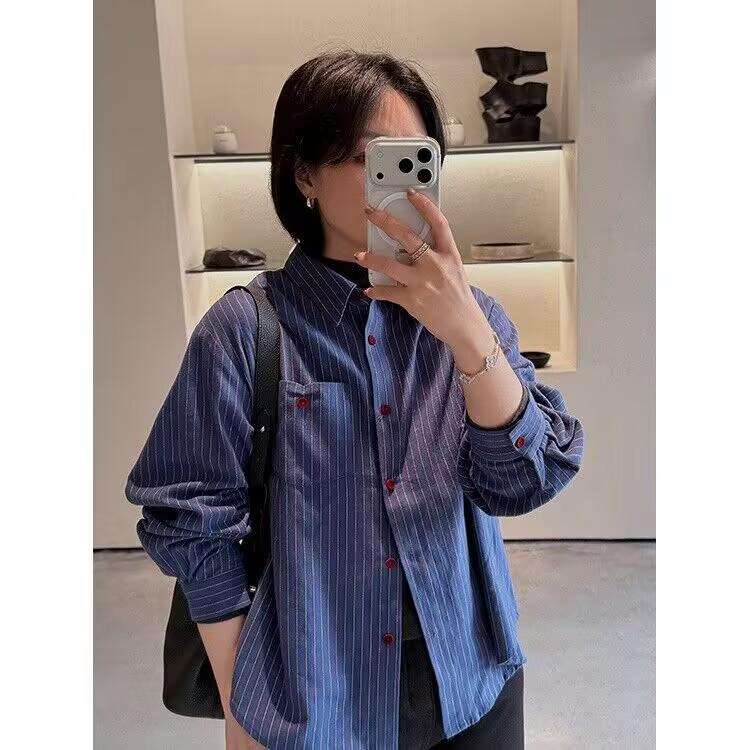 Women's 2026 Spring Slimming Korean Striped Polo Collar Long Sleeve Shirt