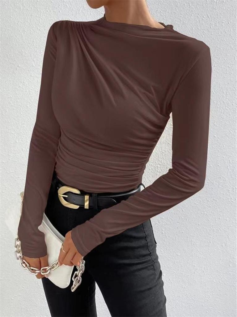 2024 Women's Apricot Slim Fit Pleated Long Sleeve T-Shirt