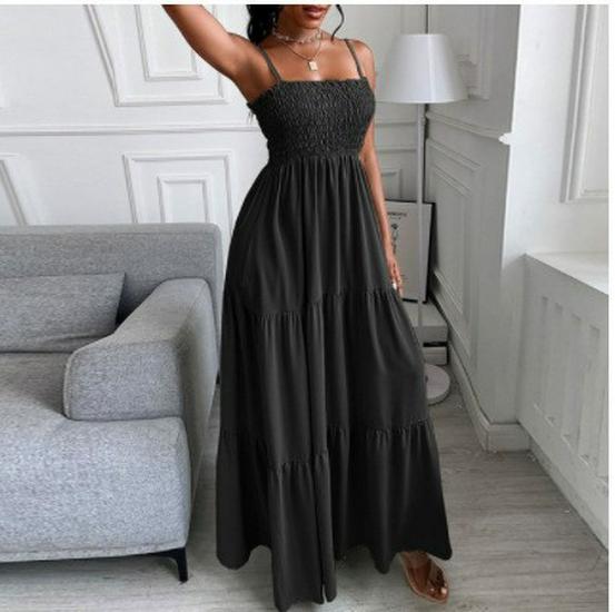 Elegant High-Waist Printed Suspender Dress - Solid Color, Cross-Border Trend