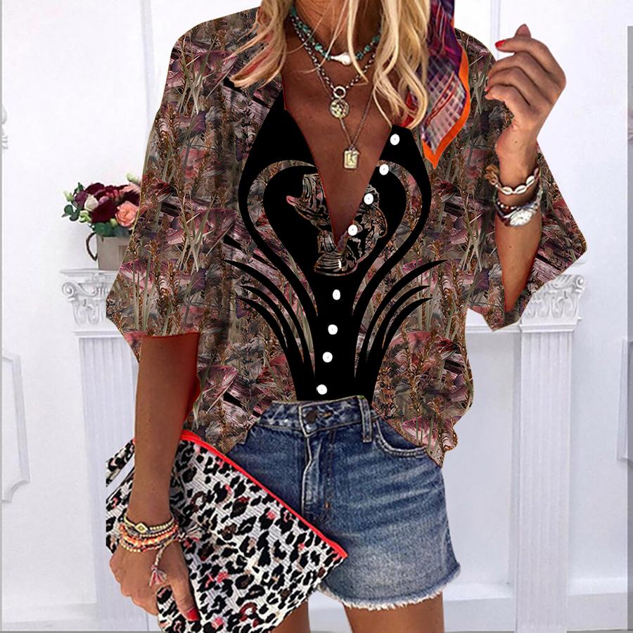 2023 sommer Herbst Neue Mode frauen Tops Liebe Fisch Gedruckt Halbe Hülse Casual Plus Größe Taste-unten Hemd mit Blase Ärmeln
