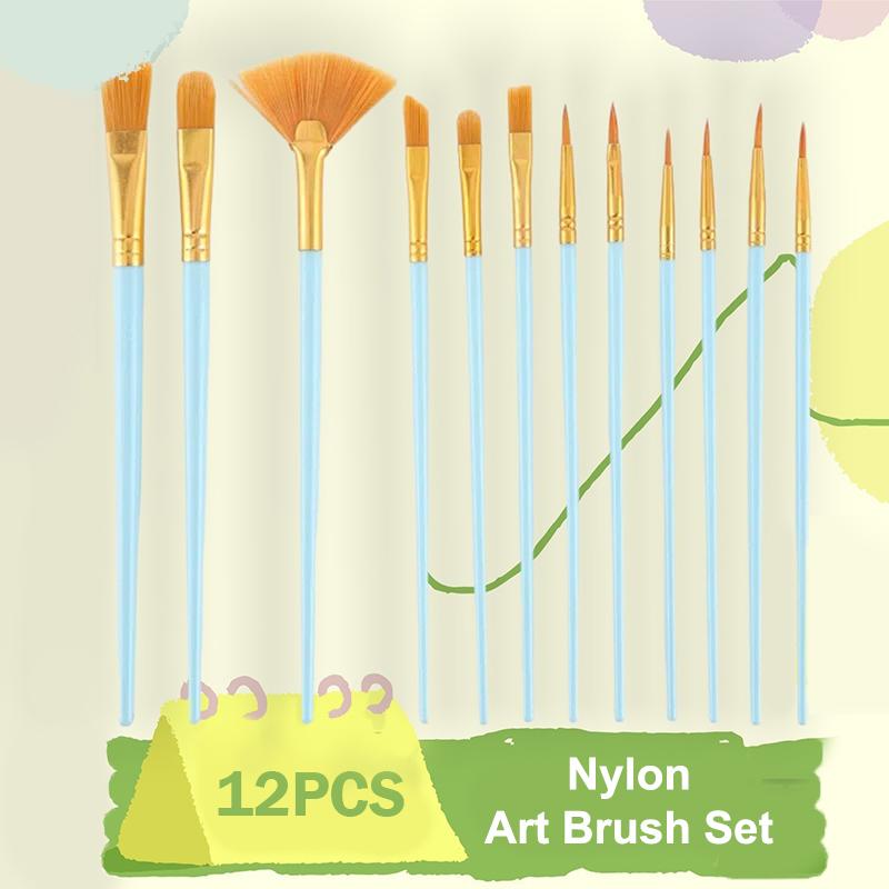 Künstler-Nylon-Flachpinsel-Set 12 Stück Borsten-Aquarellpinsel für Öl-Acrylmalerei Kunstwerkzeuge für Schule und Atelier