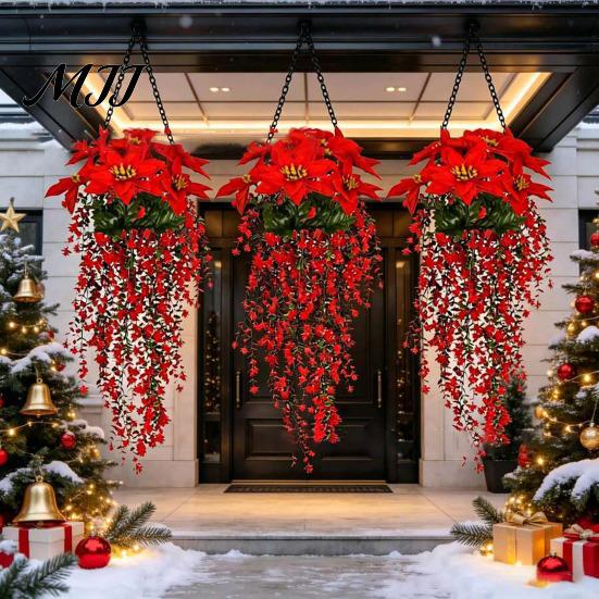 Pendant Bouquet for Window Christmas Poinsettia Hanging Garland, Artificial Silk Flowers with Red Berries Festive Balcony Ornament And Greenery, 85cm