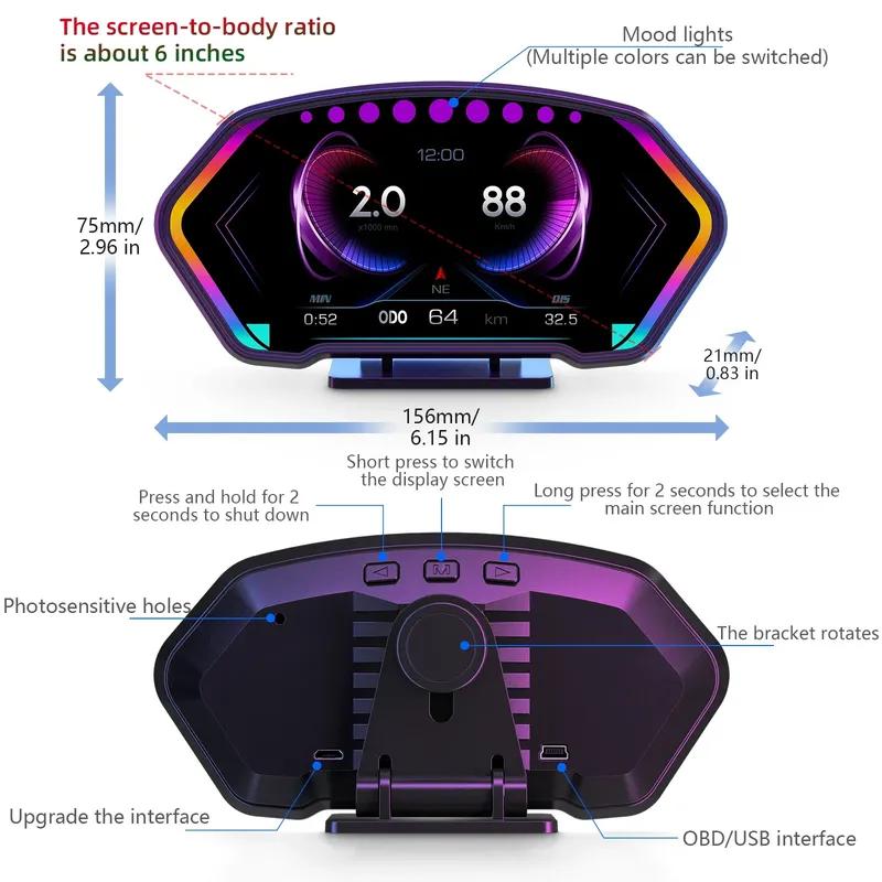 P3 P24 Car Head Up Display with Alarm Dual System OBD2+GPS Water Temp Turbo Press Speedometer Slope trument Car Accessory
