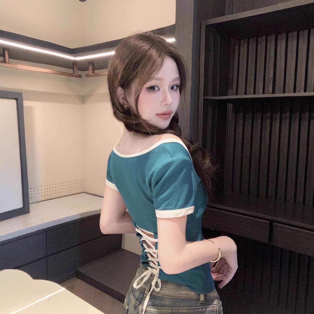 

Spicy Girl Color Block Patchwork Backless Lace-Up Slim Fit T-Shirt Large чорний