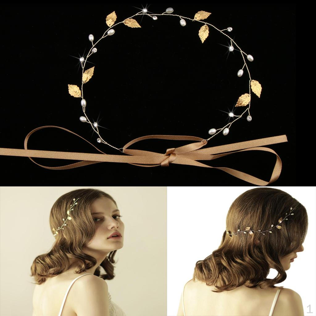 Fashion Women Gold Leaves Rhinestone Pearl Bridal Bridesmaid Headband Wedding Party Headwrap Hair