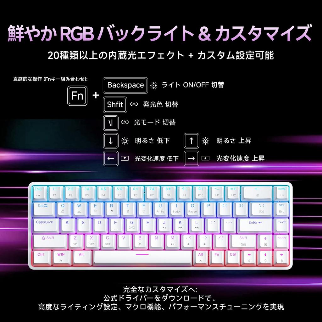 Dierya DK68 Wireless Gaming Keyboard 68 Blue Mechanical RGB Full Key Compatible with English Layout - 2.4G/Bluetooth/USB-C Connection, 60% Layout,