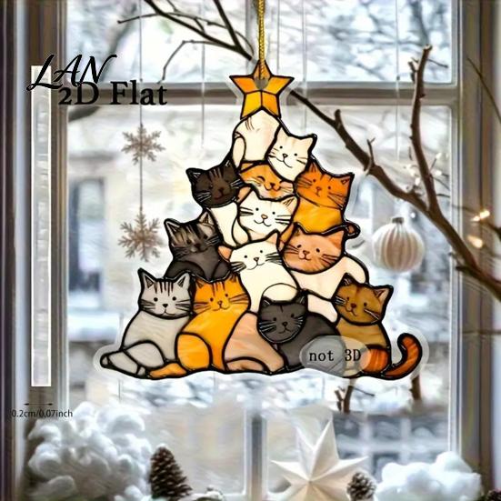 Indoor Outdoor Festive Decor Christmas Suncatcher, Stained Glass Style Window Hanging Ornament, Cute Cat Santa Decorative Sun Catcher Gift Claus