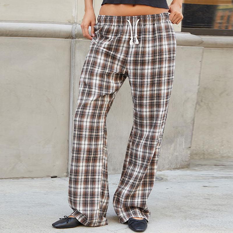 

Женские брюки модные темпераментные клетчатые узоры эластичный пояс прямые брюки L коричневый