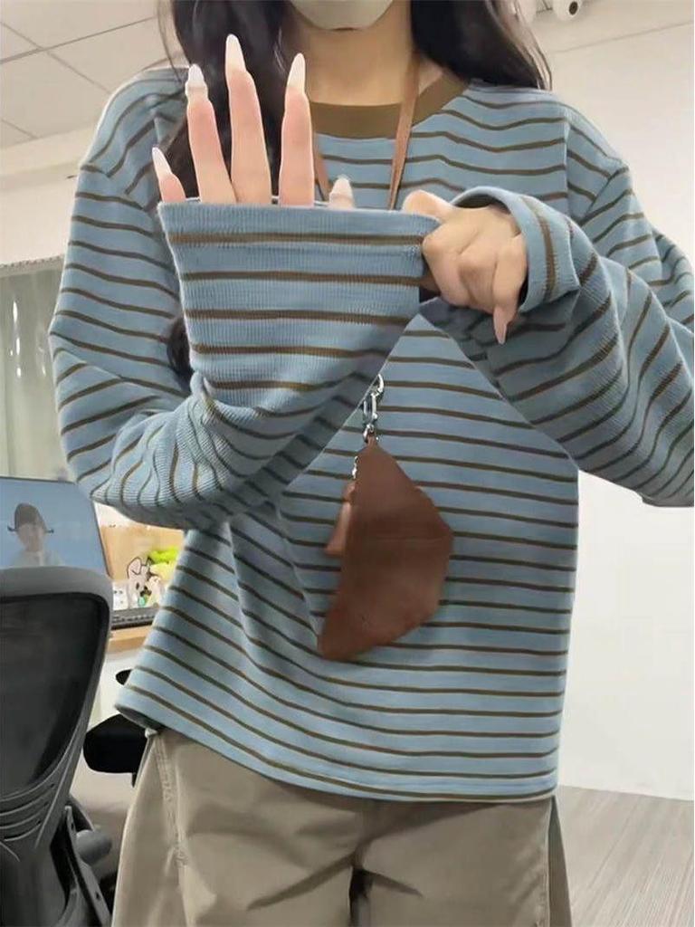 Women's Autumn Loose Fit Striped Knit Long Sleeve T-Shirt | Versatile Layering Top